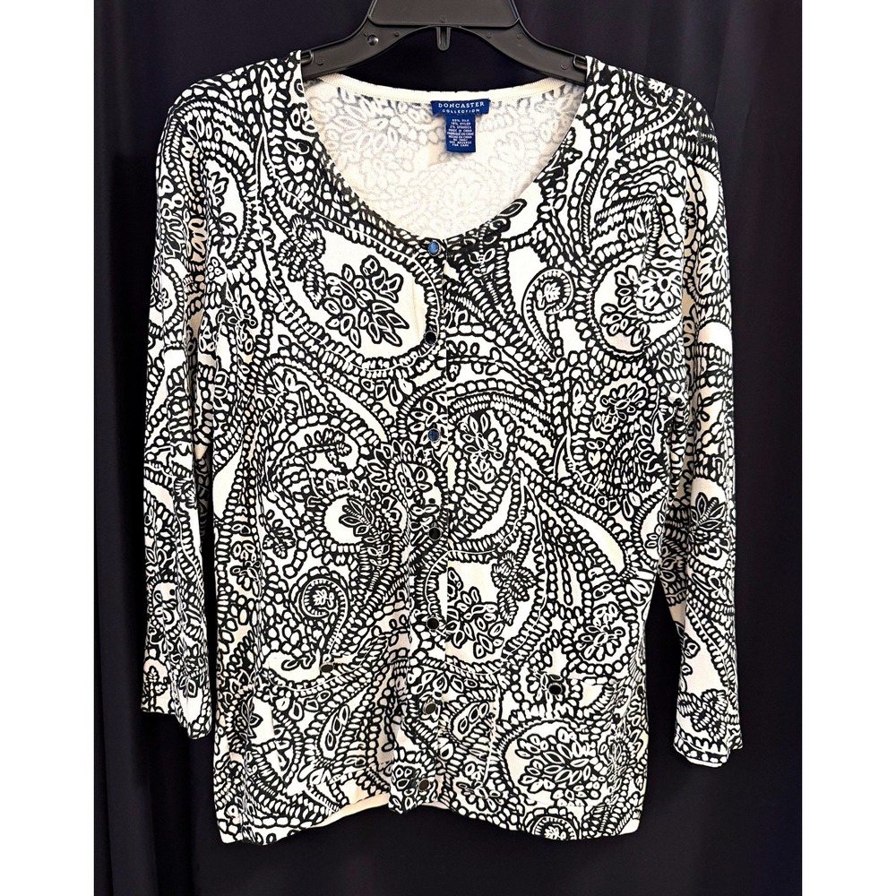 Doncaster Collection S Black/Ivory Paisley Knit Button Cardigan Sweater